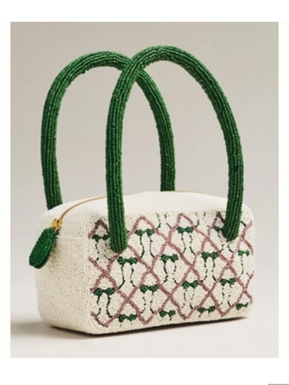 Anthropologie Cream Beaded Box Tote with Green Handles